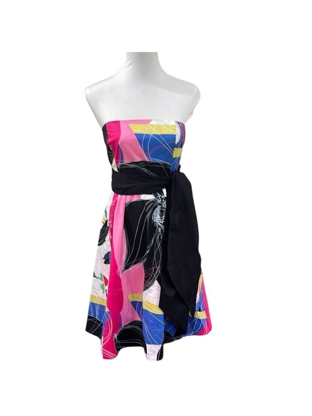 Anthropologie Maeve Strapless Bold Floral Belted Sash Full Skirt Dress SZ 4